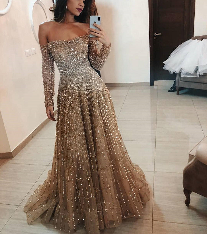 Long Autumn Winter Shiny off Shoulder Long Sleeve Tube Top Dress Bella Mia