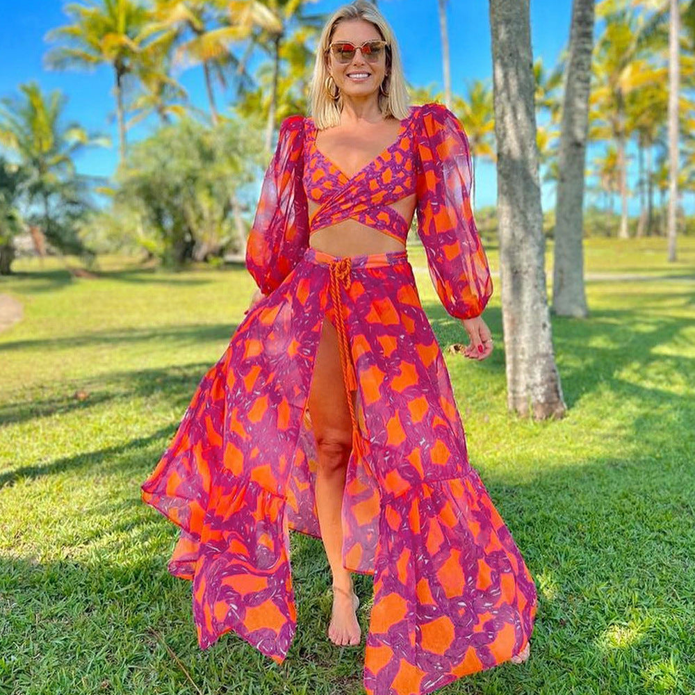 High Waist Split Long Sleeve Swimsuit Women Sexy Backless Cross Strap Deep V Plunge Bikini Bella Mia