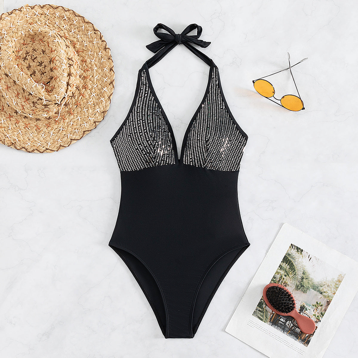 One Piece Swimsuit Women One Piece Halter Sequined Sexy Backless Bikini Swimsuit Bella Mia