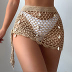 Stylish Beach Pure Hand Crocheting Side Drawstring Lace up Cutout Shell Embellished Bikini Cover up Skirt Crochet hook Bella Mia