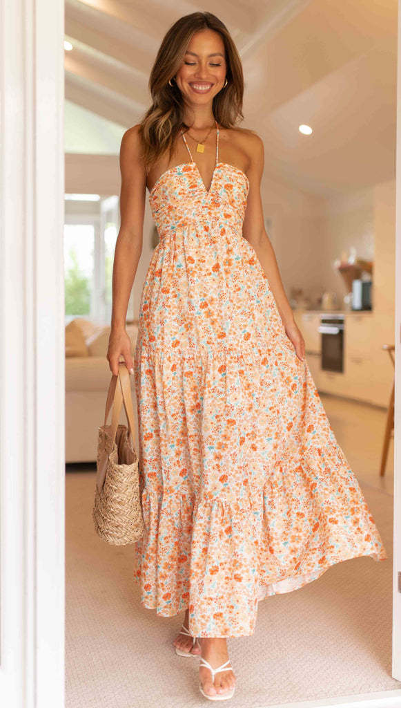 Women V neck Brace Maxi Dress Elegant Shoulder Baring Sleeveless Sling Bella Mia