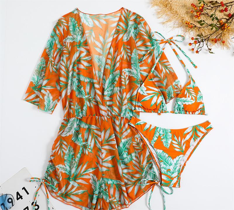 Three Piece Bikini Leaves Printed Waist-Controlled Lace Up Long Sleeve Beach Anti Swimsuit Bella Mia