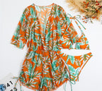 Three Piece Bikini Leaves Printed Waist-Controlled Lace Up Long Sleeve Beach Anti Swimsuit Bella Mia