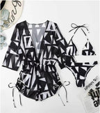 Three Piece Bikini Leaves Printed Waist-Controlled Lace Up Long Sleeve Beach Anti Swimsuit Bella Mia