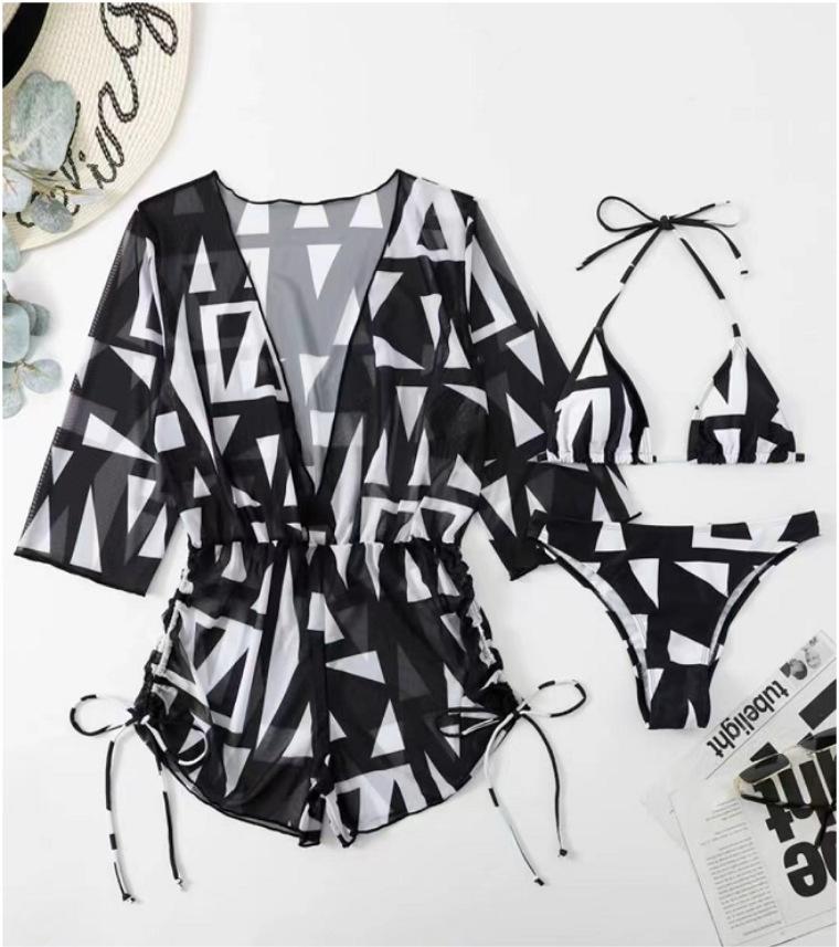 Three Piece Bikini Leaves Printed Waist-Controlled Lace Up Long Sleeve Beach Anti Swimsuit Bella Mia