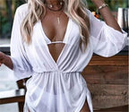 Three Piece Bikini Leaves Printed Waist-Controlled Lace Up Long Sleeve Beach Anti Swimsuit Bella Mia
