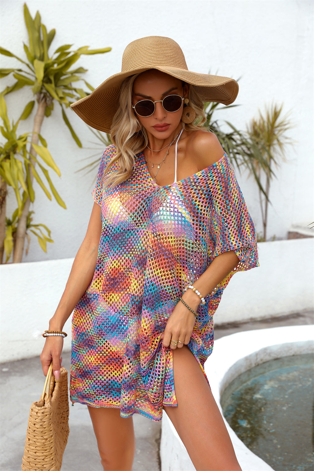 Blouse Summer Rainbow Stitching Hollow Out Cutout Loose Bikini Beach Shirt Knitwear Bella Mia