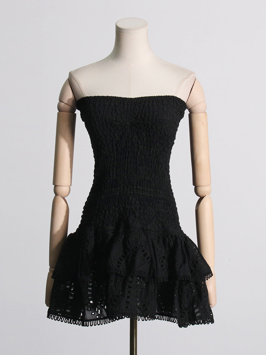 Spring Sexy Sexy Elastic Waist Tube Top Embroidered Ruffled Short Dress for Women Bella Mia