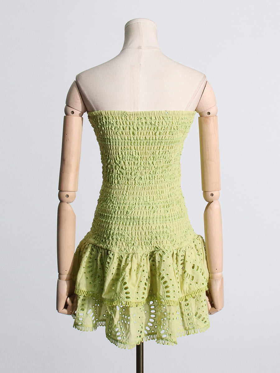 Spring Sexy Sexy Elastic Waist Tube Top Embroidered Ruffled Short Dress for Women Bella Mia