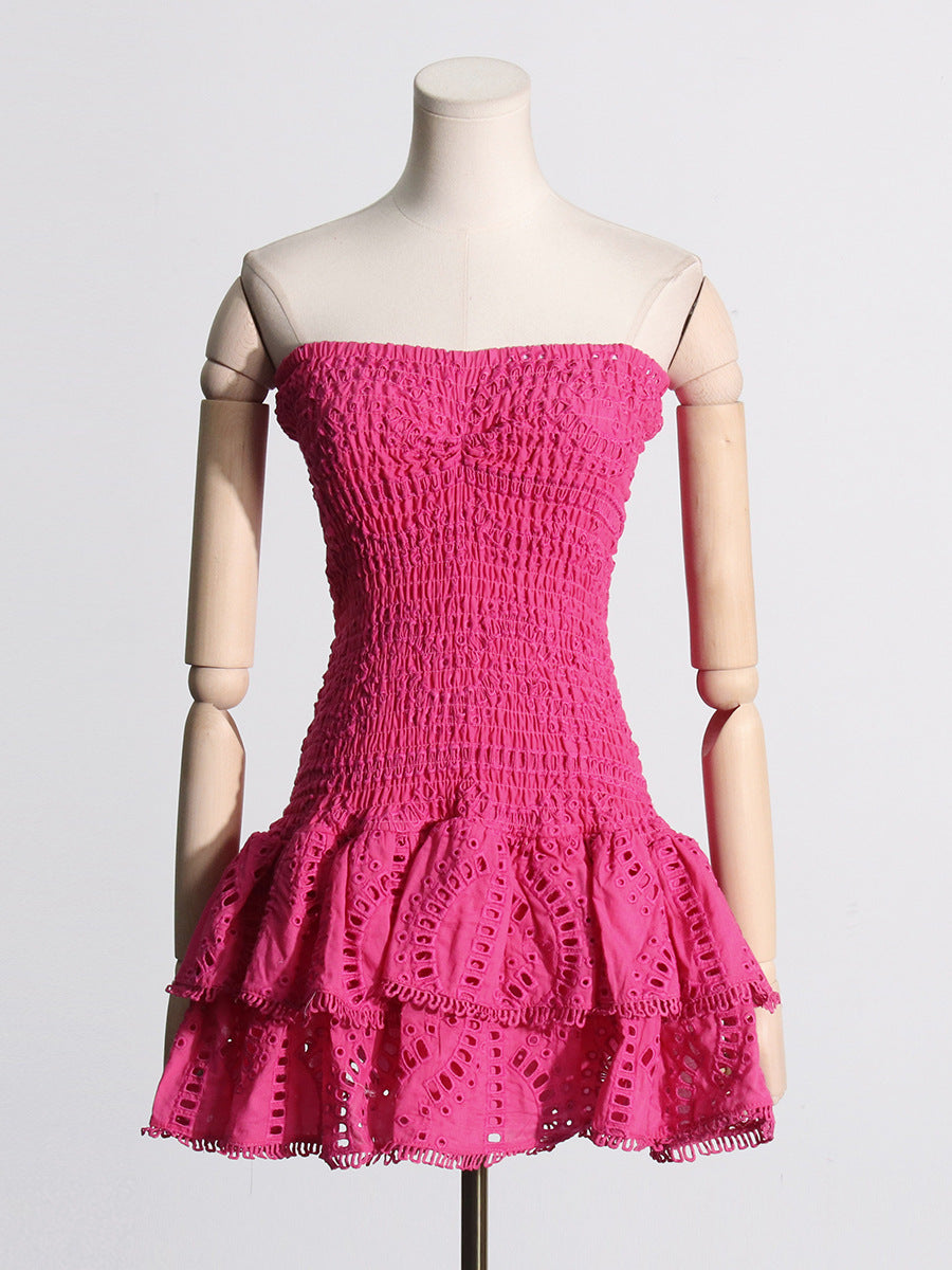 Spring Sexy Sexy Elastic Waist Tube Top Embroidered Ruffled Short Dress for Women Bella Mia