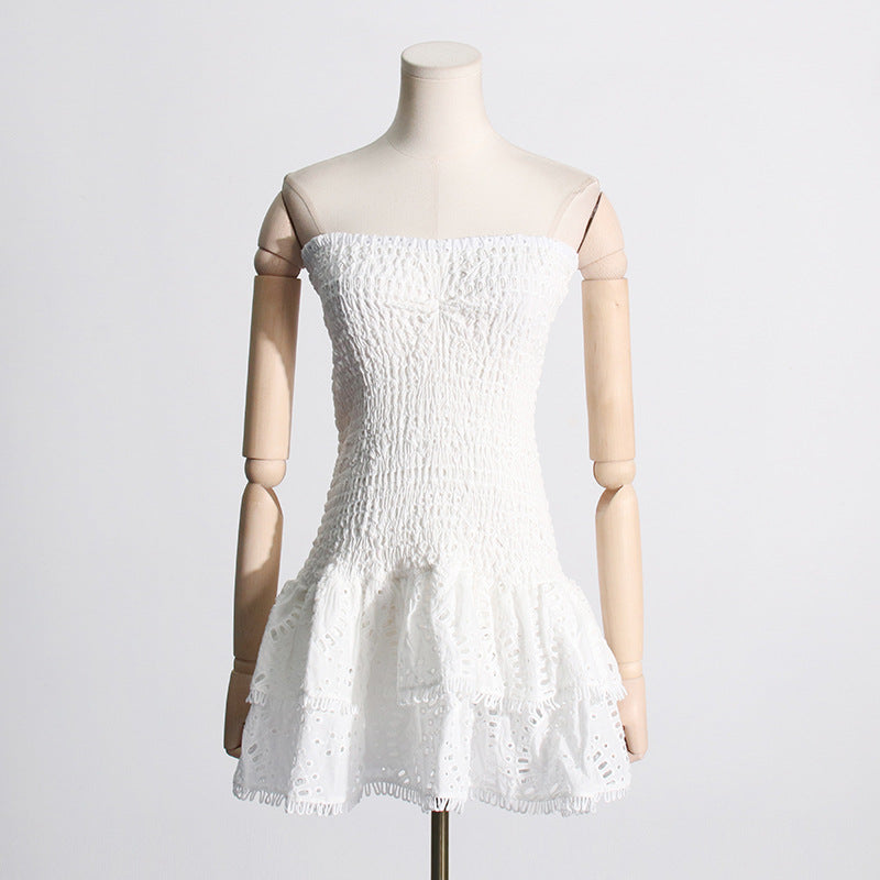 Spring Sexy Sexy Elastic Waist Tube Top Embroidered Ruffled Short Dress for Women Bella Mia