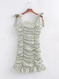 Spring Women Printed Suspender Pleated Dress