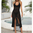 Holiday Dress Sexy Halter Solid Color Breathable Front Slit Maxi Dress Beach Sun Shield Dress Crochet hook Bella Mia