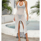 Holiday Dress Sexy Halter Solid Color Breathable Front Slit Maxi Dress Beach Sun Shield Dress Crochet hook Bella Mia