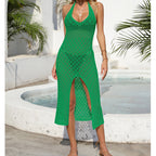 Holiday Dress Sexy Halter Solid Color Breathable Front Slit Maxi Dress Beach Sun Shield Dress Crochet hook Bella Mia