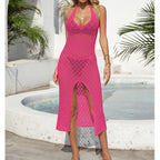 Holiday Dress Sexy Halter Solid Color Breathable Front Slit Maxi Dress Beach Sun Shield Dress Crochet hook Bella Mia
