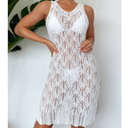 Women Mid Length Sexy Cutout Solid Color Vest Dress Side Slit Beach Dress Crochet hook Bella Mia