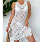 Women Mid Length Sexy Cutout Solid Color Vest Dress Side Slit Beach Dress Crochet hook Bella Mia