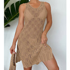 Women Mid Length Sexy Cutout Solid Color Vest Dress Side Slit Beach Dress Crochet hook Bella Mia