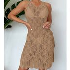 Women Mid Length Sexy Cutout Solid Color Vest Dress Side Slit Beach Dress Crochet hook Bella Mia