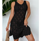 Women Mid Length Sexy Cutout Solid Color Vest Dress Side Slit Beach Dress Crochet hook Bella Mia