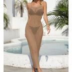 Sexy Hollow Out Cutout Waist Long Solid Color Breathable Sling Maxi Dress Beach Sun Shield Dress Crochet hook Bella Mia