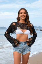 Spring Summer Beach Cover Up Solid Color Ultra Short Bell Sleeve Women Knitwear Bella Mia