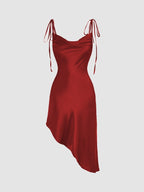 Popular Satin Sling Swing Collar Waist Tight Flab Hiding Design Irregular Asymmetric Hem Dress Bella Mia