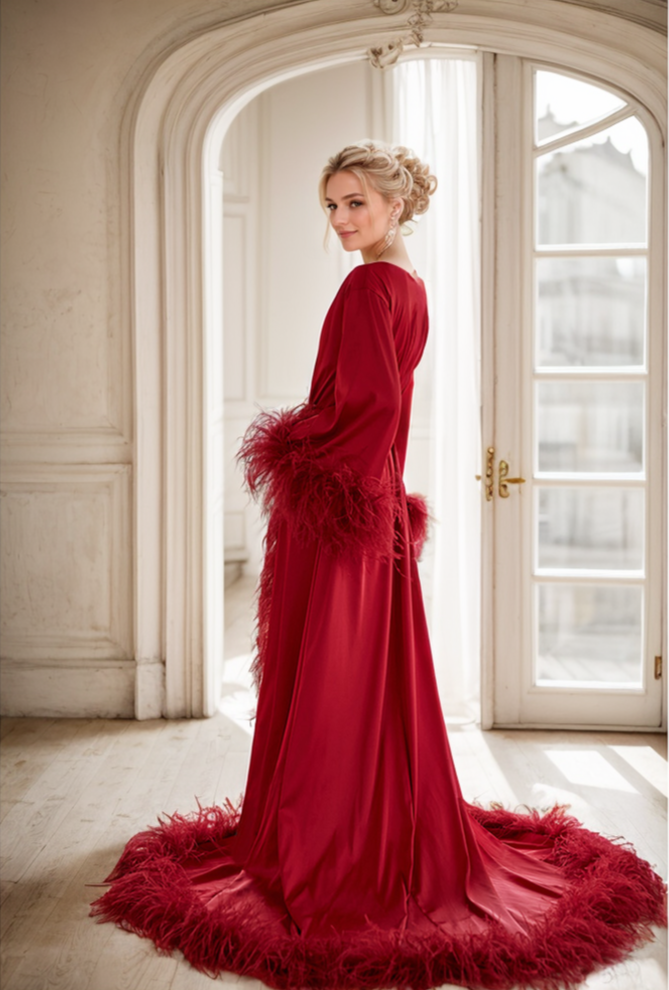 Luxury Thick Ostrich Feather Floor-Length Satin Robe with Train – Elegant Bridal Loungewear SelenaHuanStudio