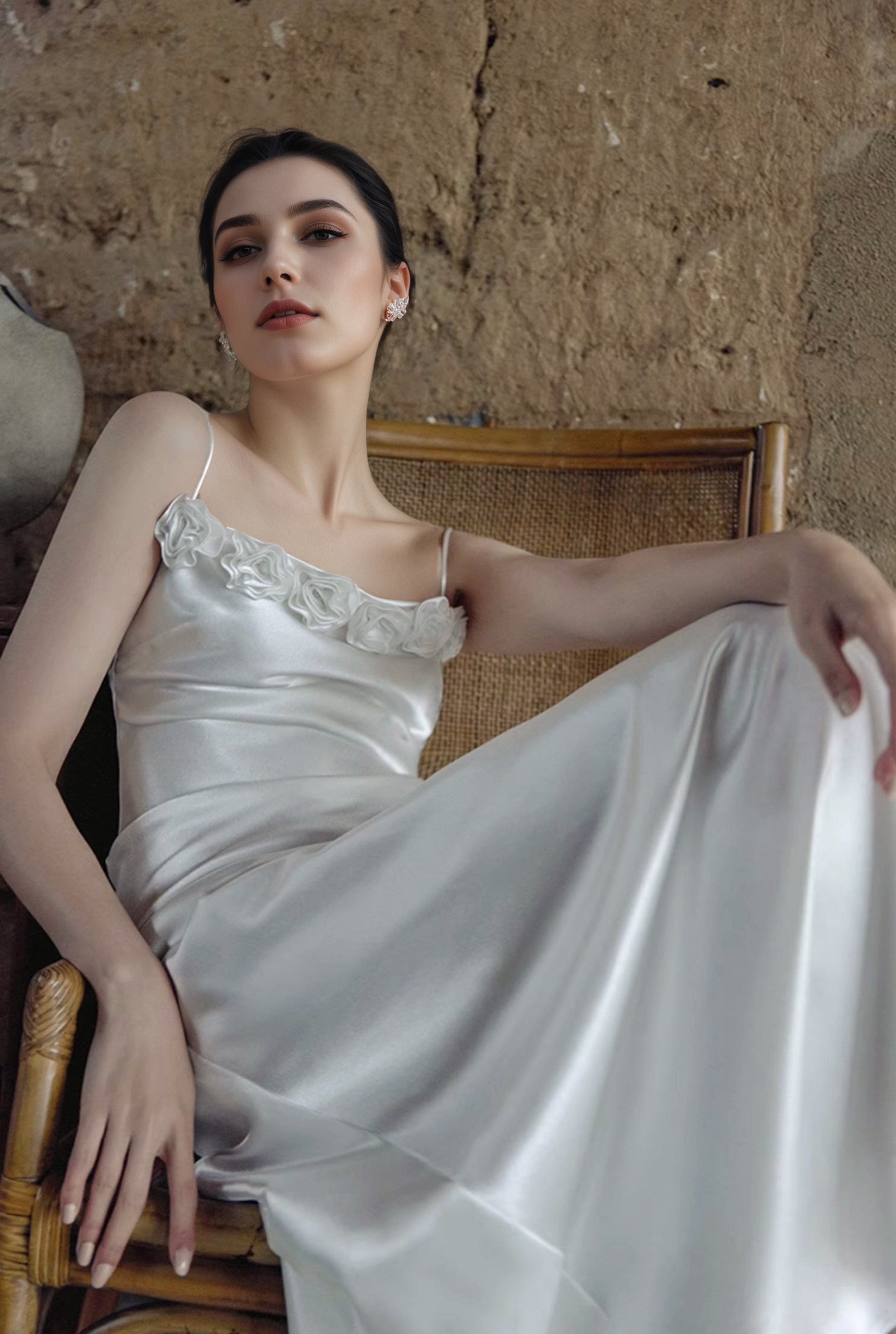 Vintage Rose-Trimmed Satin Slip Wedding Dress with Spaghetti Straps SelenaHuanStudio