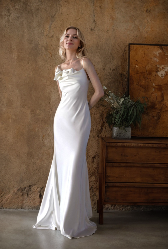 Romantic Draped Cowl Neck Satin Wedding Dress with Low Back and Train SelenaHuanStudio
