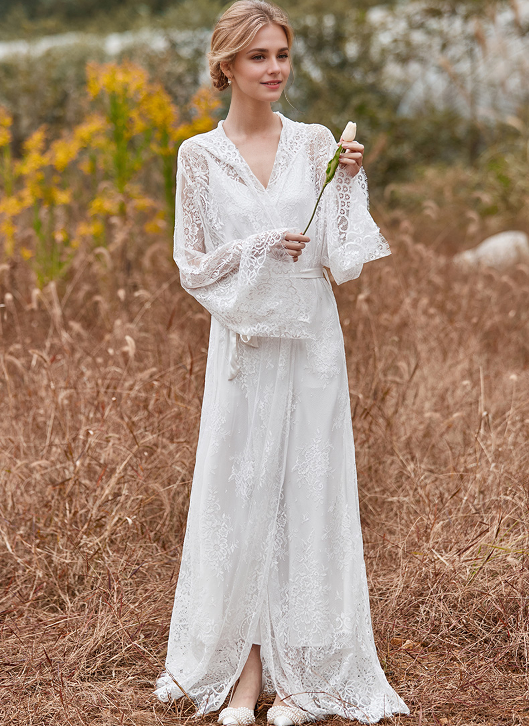 Romantic Floral Lace Hooded Bridal Robe Set – Long Sheer Lace Cover-Up with Satin Slip SelenaHuanStudio