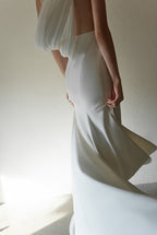 Minimalist One-Shoulder Silky Satin Wedding Dress with Draped Back SelenaHuanStudio