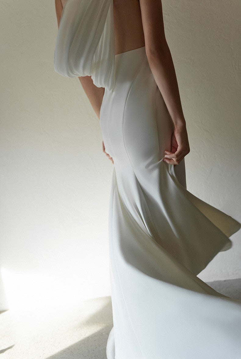Minimalist One-Shoulder Silky Satin Wedding Dress with Draped Back SelenaHuanStudio