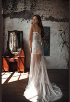 Ethereal Lace Sheer Long Robe with Flowing Train – Elegant Bridal Boudoir Gown SelenaHuanStudio