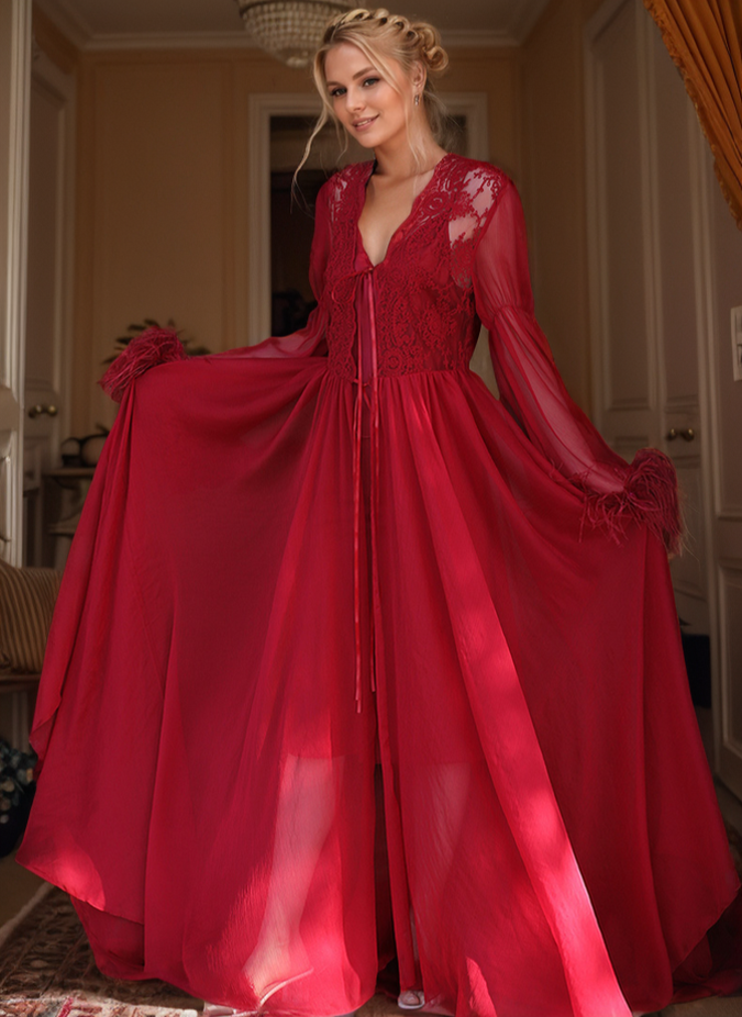 Ethereal Lace & Feather-Trimmed Sheer Bridal Robe – Vintage Luxury Loungewear
