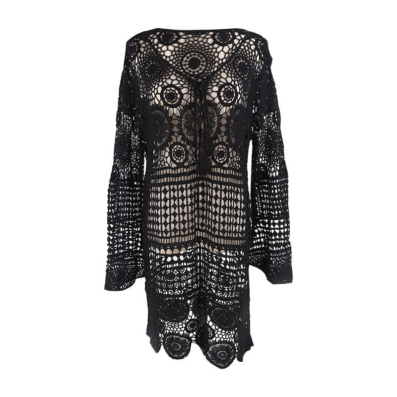 Bell Sleeve Water Soluble Hollow Out Cutout Loose Beach Cover Up Sun Proof Vacation Beach Dress Women Swimsuit Outer Wear Bella Mia