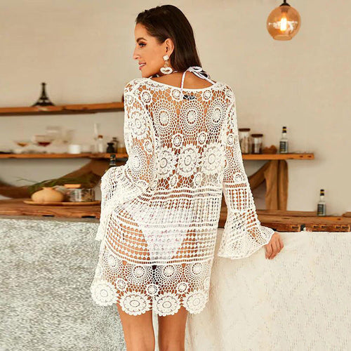 Bell Sleeve Water Soluble Hollow Out Cutout Loose Beach Cover Up Sun Proof Vacation Beach Dress Women Swimsuit Outer Wear Bella Mia