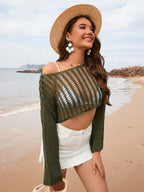 Spring Summer Summer Women Bell Sleeve Loose round Neck Hollow Out Cutout out Women Knitwear Bella Mia