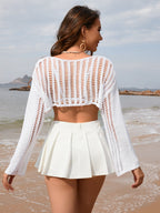 Spring Summer Summer Women Bell Sleeve Loose round Neck Hollow Out Cutout out Women Knitwear Bella Mia