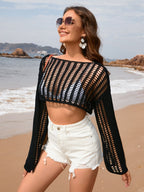 Spring Summer Summer Women Bell Sleeve Loose round Neck Hollow Out Cutout out Women Knitwear Bella Mia