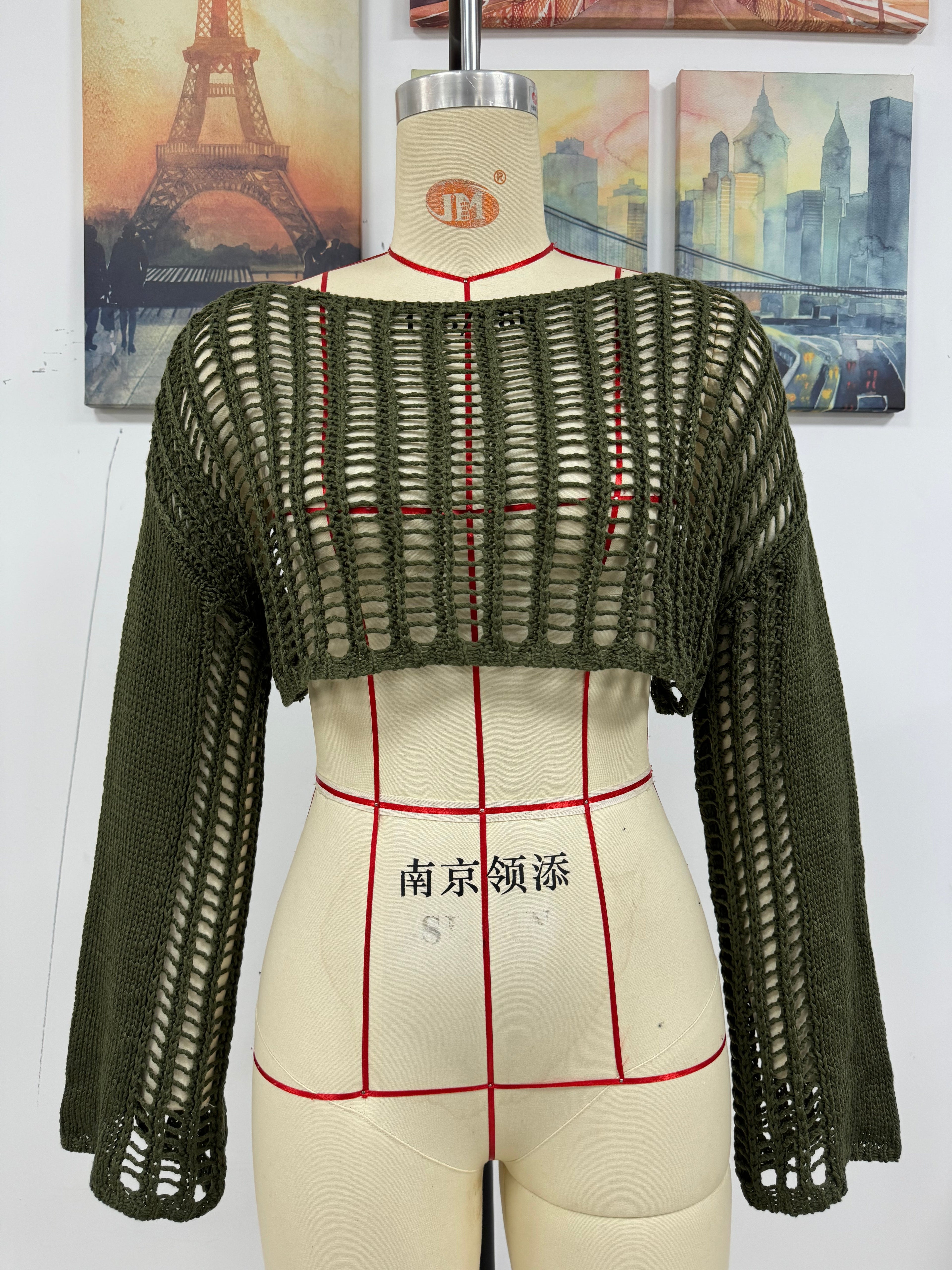 Spring Summer Summer Women Bell Sleeve Loose round Neck Hollow Out Cutout out Women Knitwear Bella Mia
