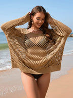 Summer Arrival Knitwear Long Sleeve Solid Color Loose round Neck Hollow Out Cutout out Women Knitwear Bella Mia