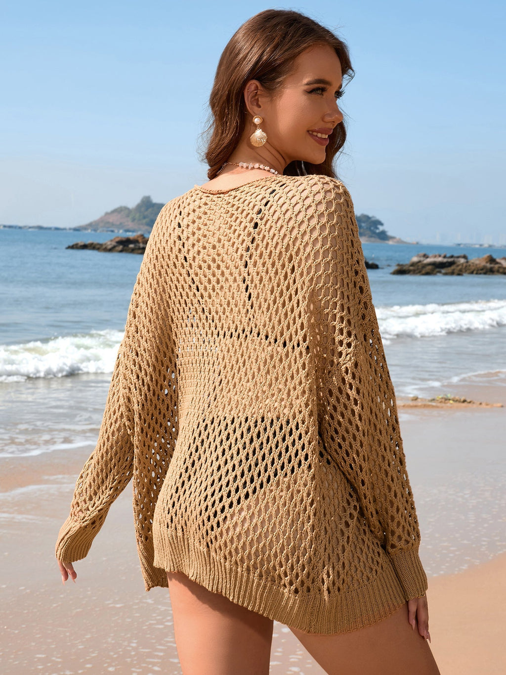 Summer Arrival Knitwear Long Sleeve Solid Color Loose round Neck Hollow Out Cutout out Women Knitwear Bella Mia