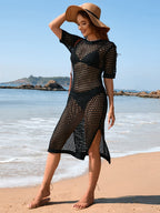 Spring Summer Seaside Holiday Maxi Dress Blouse Solid Color Short Sleeve Women Knitwear Bella Mia