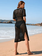 Spring Summer Seaside Holiday Maxi Dress Blouse Solid Color Short Sleeve Women Knitwear Bella Mia