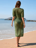 Spring Summer Seaside Holiday Maxi Dress Blouse Solid Color Short Sleeve Women Knitwear Bella Mia