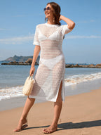 Spring Summer Seaside Holiday Maxi Dress Blouse Solid Color Short Sleeve Women Knitwear Bella Mia