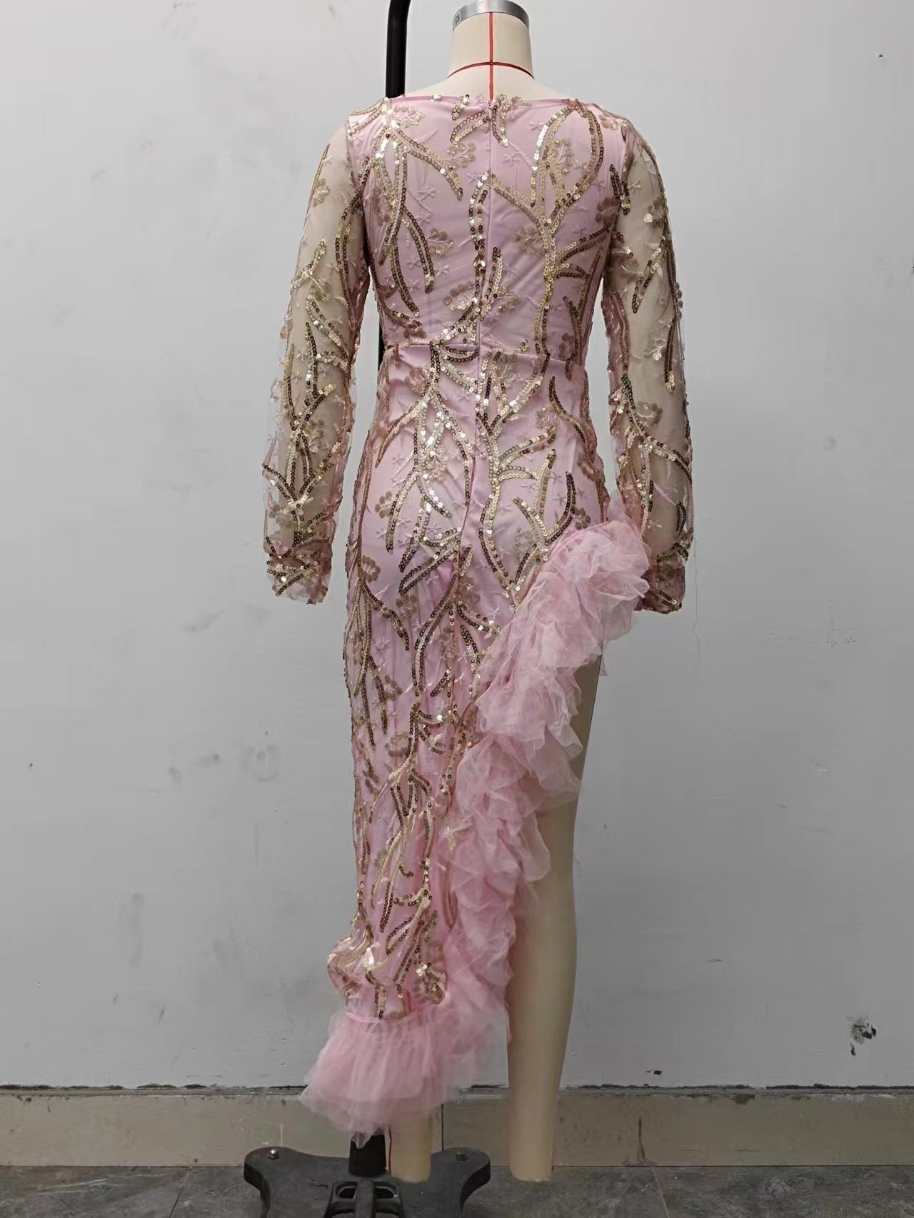 Fall Women Clothing Sexy Mesh Trailing Sequined Split Pink Evening Dress Bella Mia