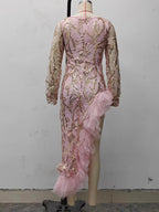 Fall Women Clothing Sexy Mesh Trailing Sequined Split Pink Evening Dress Bella Mia